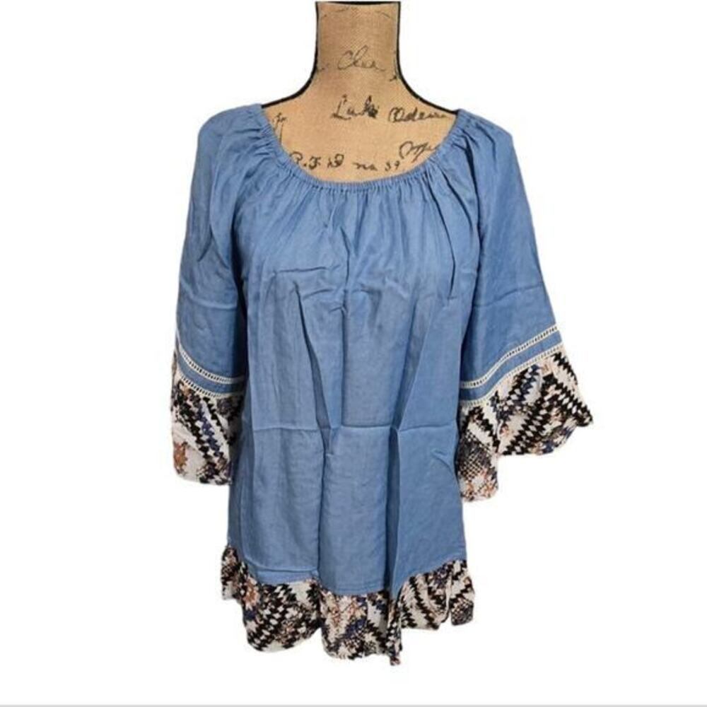 Ali Miles Chambray Tribal Trim Bell Sleeve‎ Boho on or off Shoulder Shirt Size M